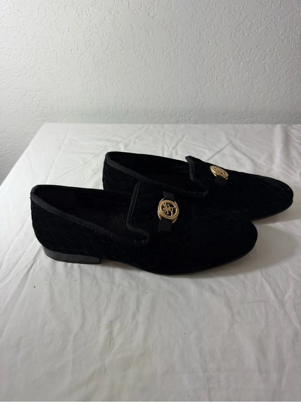Stacy Adams Black Velvet Loafers with Gold Emblem